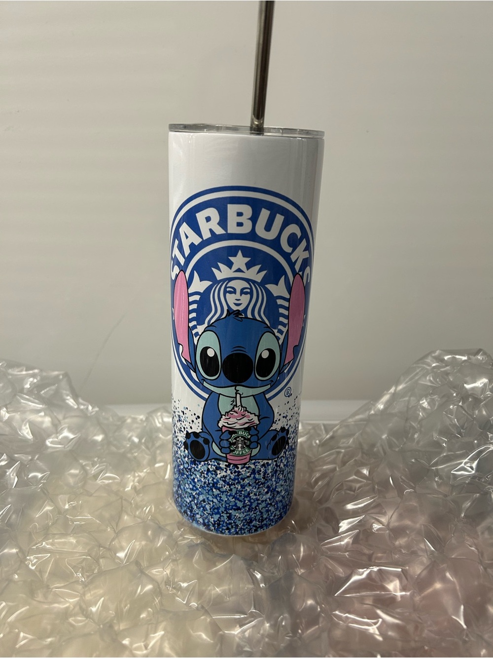 Starbucks White & Blue Stitch Glitter Tumbler with Pink Accents